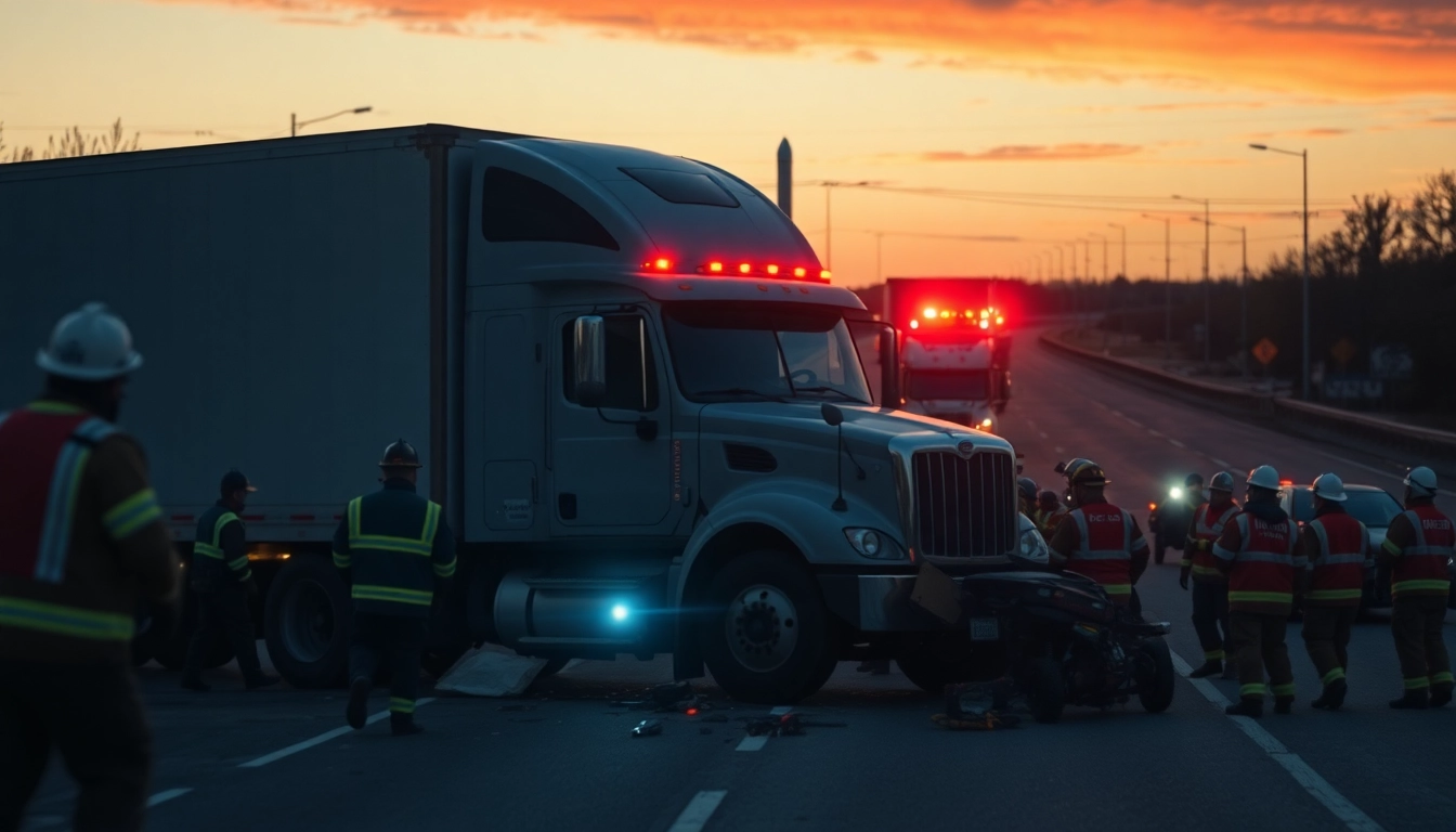 Nationwide Truck Accident Attorneys assisting at a truck accident scene with emergency responders in action.